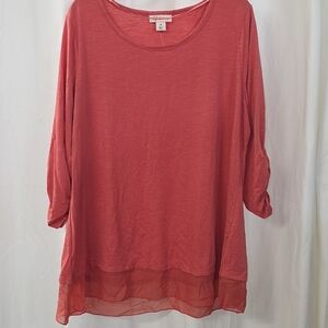 Style Co 1X Coral Pink Slub Jersey Knit 3/4 Sleeve Chiffon Inset Hem Tunic Top